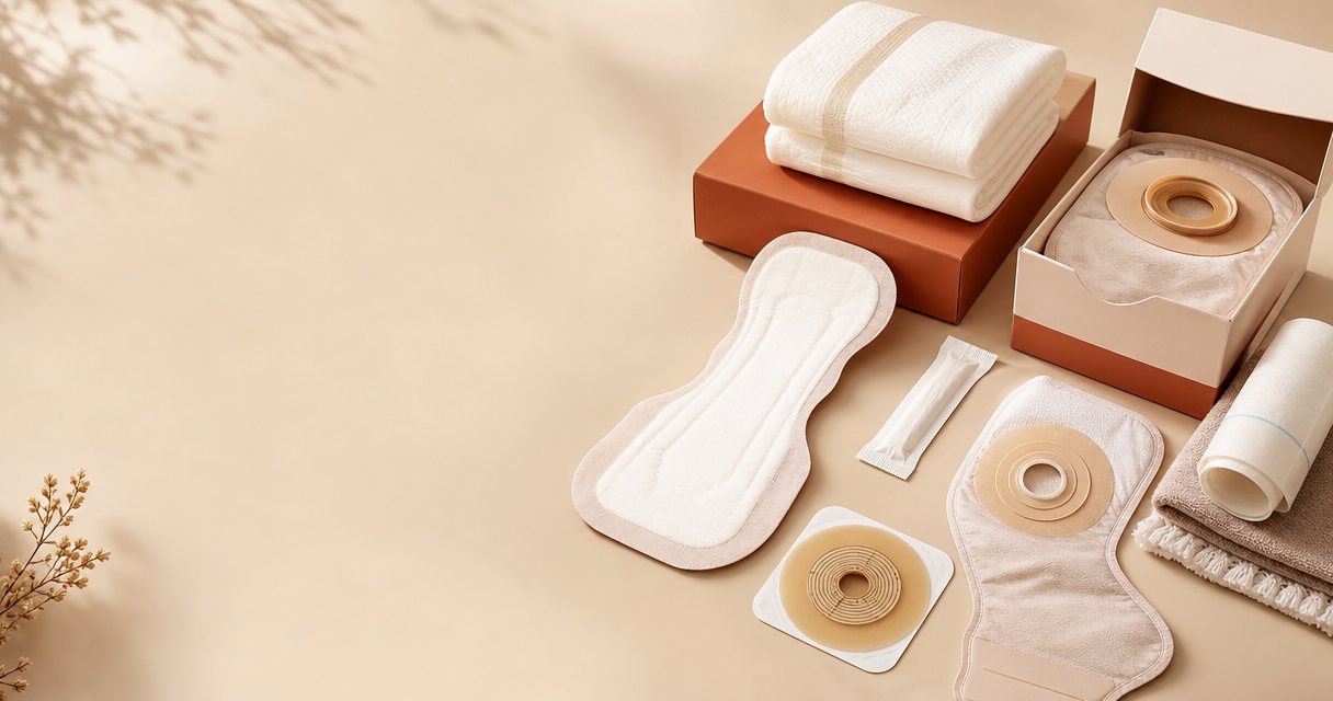 Ostomy and wound-care supplies laid out for a monthly delivery