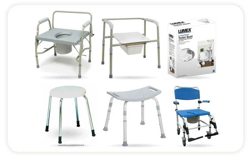 6 products we stock, shown in their makers' own photographs: Imperial Collection 3-in-1 Steel Drop Arm Commode, Bariatric Aluminum Rehab Shower Commode Chair, Deluxe Aluminum Shower Bench, Lumex Locking Raised Toilet Seat with Removable Arms in Retail Packaging, ProBasics Bariatric Three-in-One Commode, Round Shower Stool.