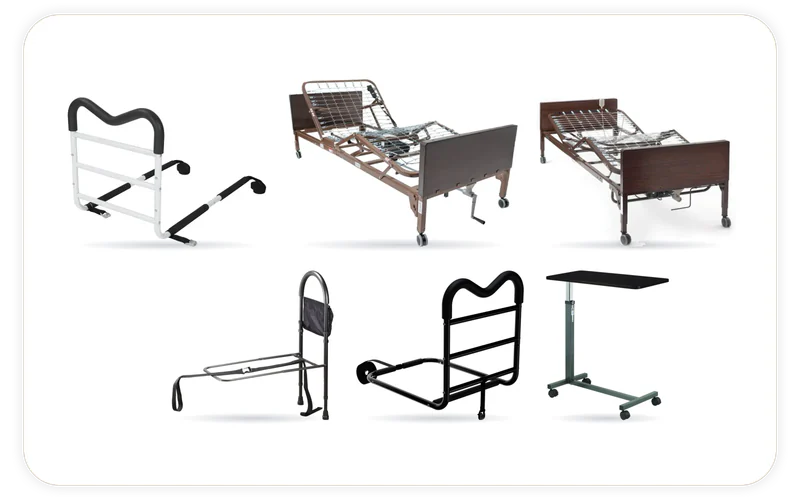 6 products we stock, shown in their makers' own photographs: ProBasics Single Motor Semi-Electric Lightweight Bed, Mobility Bed Rail, Non-Tilt Overbed Table, M-Rail Home Bed Assist Handle, Days Bed Assist Handle, Medline MedLite Full-Electric Homecare Hospital Bed.