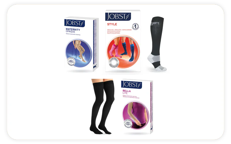 5 products we stock, shown in their makers' own photographs: JOBST® Casual Pattern Compression Stockings, JOBST® Opaque Compression Stockings with sensitive band, Bella Lite Compression Armsleeve, Unisex Core-Sport Athletic Socks, JOBST® Opaque Maternity Compression Stockings.