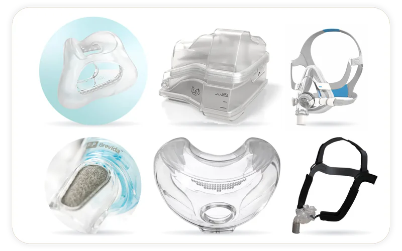 6 products we stock, shown in their makers' own photographs: Evora CPAP Mask Full Face Cushion (Seal), Aloha™ Nasal Pillow System, Brevida™ CPAP Nasal Mask Diffuser, AirTouch™ F20 Full Face CPAP Mask, HumidAir™ heated humidifier cleanable tub, Amara View Full Face CPAP Mask Replacement Cushion.