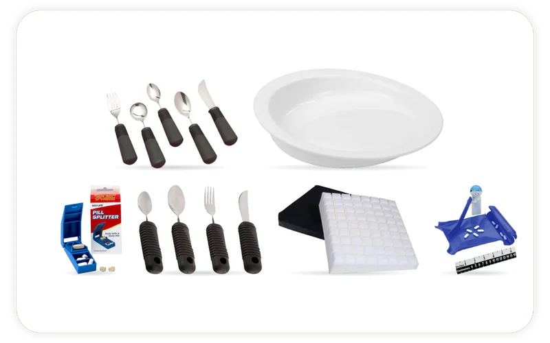 6 products we stock, shown in their makers' own photographs: Hi-Lo Scoop Plate, Acu-Life® Splitter Crush Pill Box 4-in-1, Geo-Matt® Wedge Cushion, Good Grips® Weighted Fork, Ambidextrous Pill Counter w/Spatula, EZ Large Grip Weighted Utensils - Set of 4.