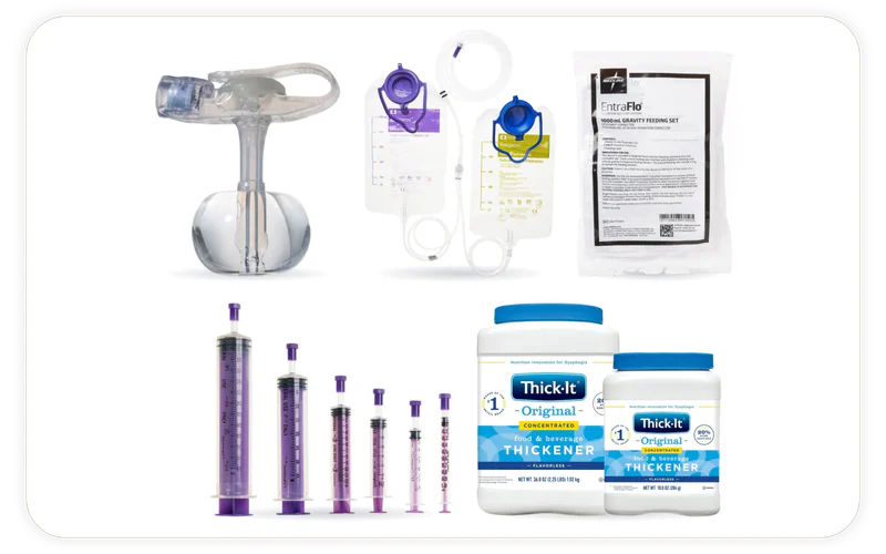 5 products we stock, shown in their makers' own photographs: Kangaroo ePump™ 1000 mL Pump Set - Non-Sterile, Thick-It® Original Food & Beverage Thickener, Gravity Feeding Set with ENFit Connector, Enteral Feeding Syringe, Balloon Mini ONE® Button 14FR.
