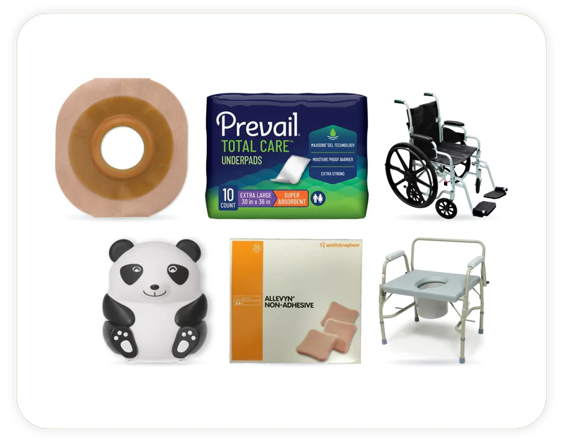 6 products we stock, shown in their makers' own photographs: New Image Cut-to-Fit FlexWear Skin Barrier, Allevyn™ Non-Adhesive Hydrocellular Foam Dressing, PANDA PEDIATRIC COMPRESSOR NEBULIZER, PREVAIL® Total Care Underpads, Imperial Collection 3-in-1 Steel Drop Arm Commode, Drive Medical Poly-Fly Wheelchair/Transport Chair Combo.
