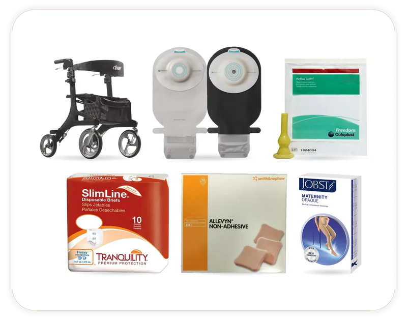 6 products we stock, shown in their makers' own photographs: SenSura® Mio Convex Soft One Piece Opaque Drainable Pouch, JOBST® Opaque Maternity Compression Stockings, Allevyn™ Non-Adhesive Hydrocellular Foam Dressing, Active Cath®, Tranquility® SlimLine® Original Disposable Briefs, Drive Medical Nitro Elite CF Carbon Fiber Rollator.