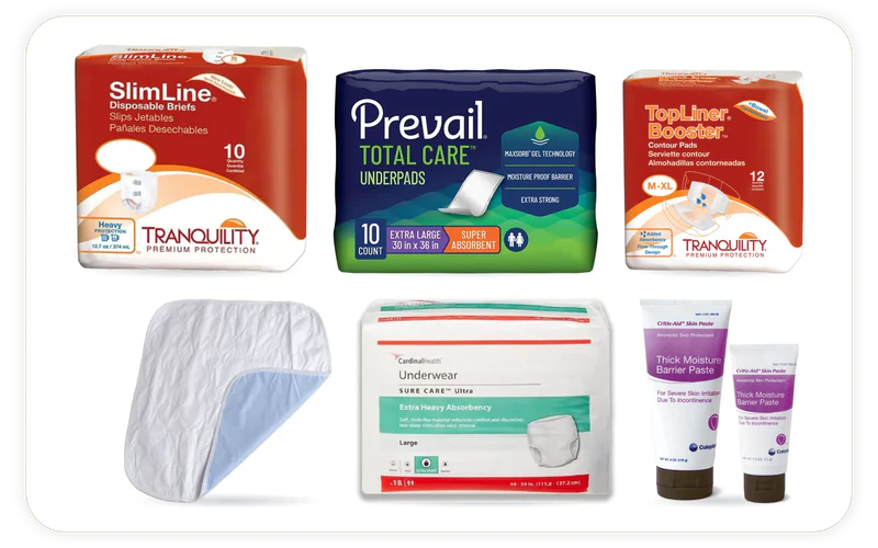 6 products we stock, shown in their makers' own photographs: Tranquility® SlimLine® Original Disposable Briefs, Sure care Ultra Protective Underwear, PREVAIL® Total Care Underpads, CareFor™ Deluxe Reusable Underpad, Critic-Aid Thick Moisture Barrier Skin Paste, Tranquility® TopLiner® Booster Contour Pads.