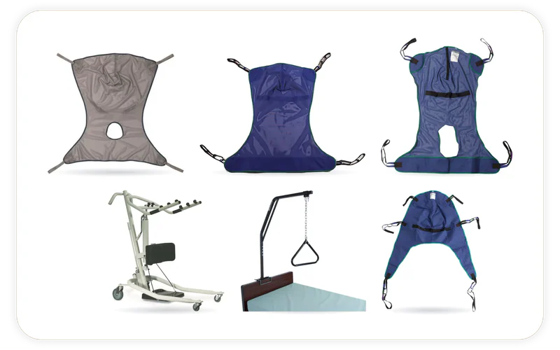 6 products we stock, shown in their makers' own photographs: Drive Medical Full Body Patient Lift Sling - Mesh with Commode Opening, Get-U-Up Hydraulic Stand Up Patient Lift, Drive Medical Divided Leg Patient Lift Sling with Headrest, Invacare Full Body Mesh Sling, Drive Medical Trapeze Bar - Bed Clamp Mount, Comfort Sling with Commode Opening.