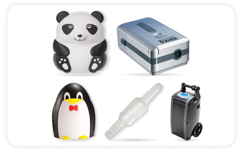 5 products we stock, shown in their makers' own photographs: PANDA PEDIATRIC COMPRESSOR NEBULIZER, PENGUIN PEDIATRIC COMPRESSOR NEBULIZER, Oxlife Independence Oxygen Concentrator, DeVilbiss Traveler® Portable Compressor Nebulizer System, Swivel Oxygen Tubing Connectors with Male/Male.