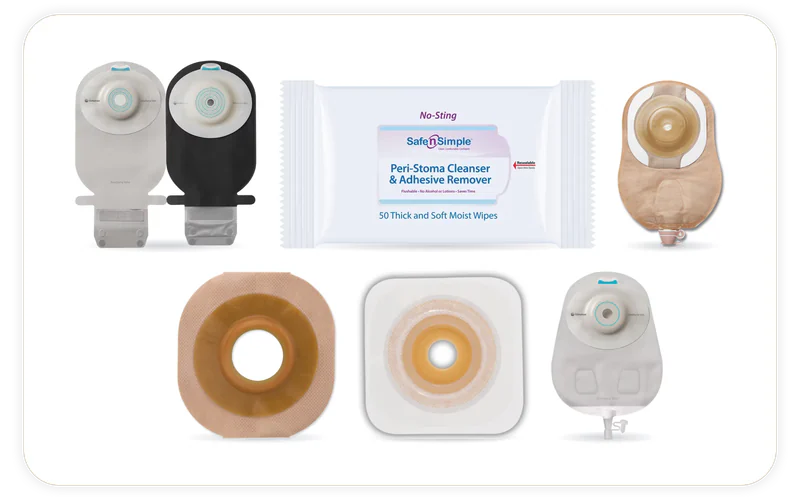 6 products we stock, shown in their makers' own photographs: SenSura® Mio Convex Soft One Piece Opaque Drainable Pouch, SenSura® Mio One-Piece Opaque Convex Drainable Urostomy Pouch, New Image Cut-to-Fit FlexWear Skin Barrier, CeraPlus™ Soft Convex One-Piece Beige Urostomy Pouching System w/viewing option, Esteem Synergy® Durahesive® Skin Barrier, Peri Stoma Cleanser & Adhesiver Remover - 50/Box.