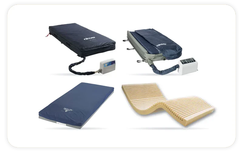 4 products we stock, shown in their makers' own photographs: Drive Medical Med-Aire Assure Alternating Pressure and Low Air Loss Mattress System, Drive Medical 6500 Dynamic Elite Pressure Redistribution Foam Mattress, Drive Medical PreserveTech Lateral Rotation System with On-Demand Low Air Loss, Geo-Matt Therapeutic Foam Mattress Overlay.
