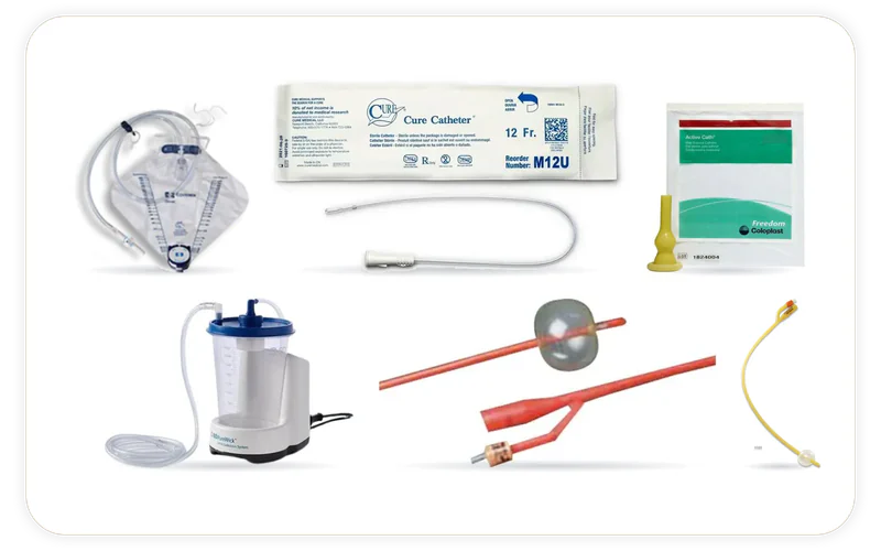 6 products we stock, shown in their makers' own photographs: Cure Intermittent Pocket Catheter, KenGuard Two-Way Silicone Coated Latex Foley Catheter, PureWick Female Urine Collection System (non-battery), Bardex Infection Control Two-Way Foley Catheter, Dover Urinary Drainage Bag with Anti-Reflux Device, Active Cath®.