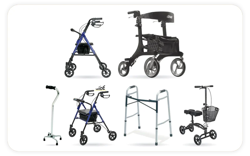 6 products we stock, shown in their makers' own photographs: Drive Medical Nitro Elite CF Carbon Fiber Rollator, Standard Bariatric Two-Button Folding Walker, Drive Medical Quad Cane — Small Base, TKW-12 Steerable Knee Walker, Set n’ Go Height Adjustable Rollator - Blue, Set n’ Go Wide Height Adjustable Rollator - Blue.