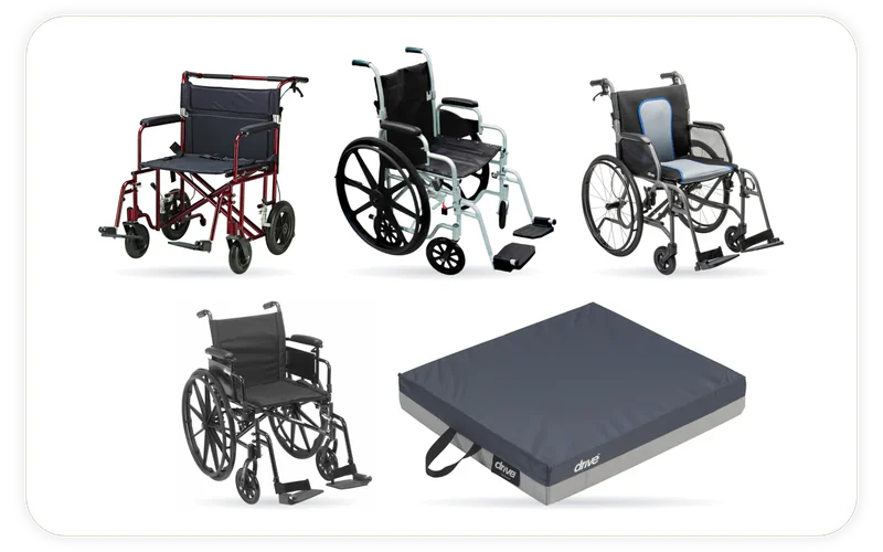 5 products we stock, shown in their makers' own photographs: Drive Medical Poly-Fly Wheelchair/Transport Chair Combo, Drive Medical Cruiser X4 Lightweight Dual Axle Wheelchair, Gel E2 General Use Gel/Foam Wheelchair Cushion, Drive Medical 22" Bariatric Aluminum Transport Chair — 450 lb., Drive Medical AeroFly Ultra-Lite Wheelchair — Magnesium Alloy.