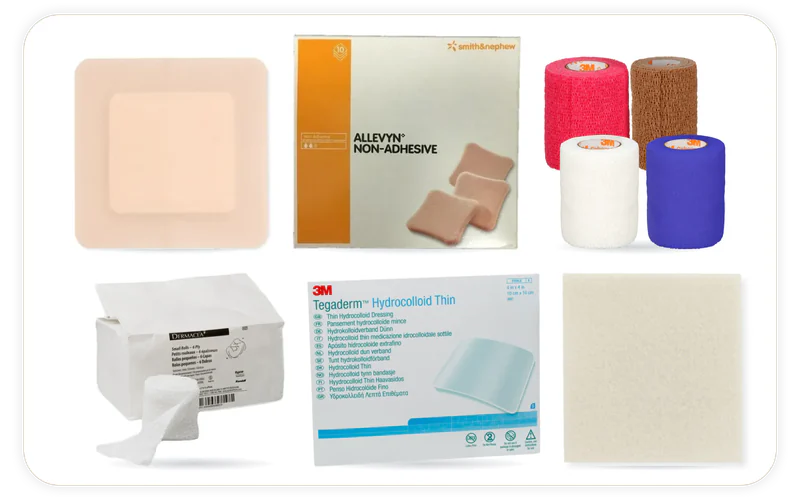 6 products we stock, shown in their makers' own photographs: Allevyn™ Non-Adhesive Hydrocellular Foam Dressing, CalciCare™ Calcium Alginate Dressing – Silver 4 X 4-3/4 Inch Square Sterile, Tegaderm™ Hydrocolloid Dressing, TRIACT Border Foam Dressing, DERMACEA™ Gauze Fluff Rolls 4.5" x 4.1 Yds Sterile Soft Pouch, Coban™ Self-Adherent Wrap.